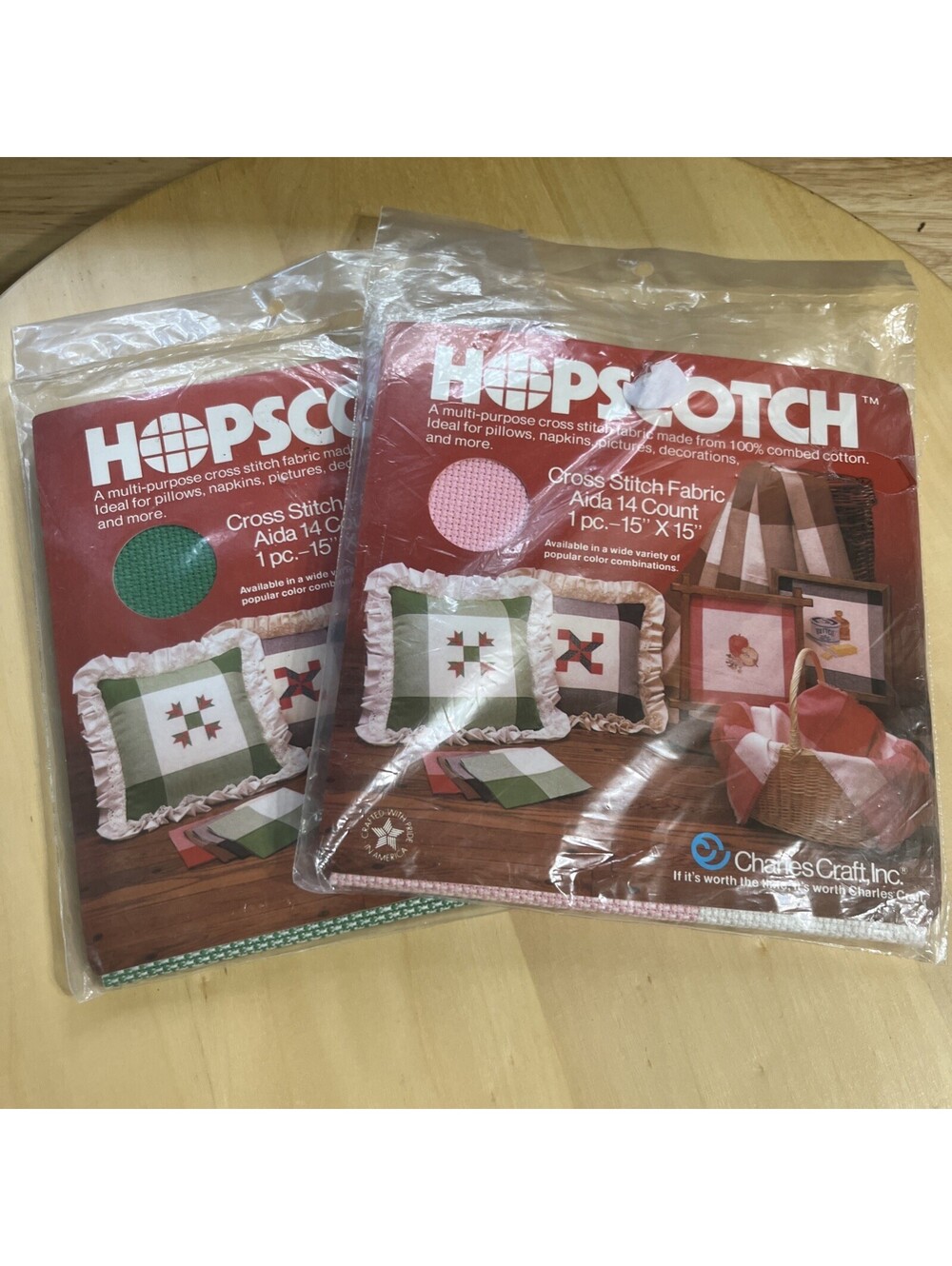 Vintage Charles Craft Hopscotch Cross Stitch Fabric 14ct 15x15in Lot Of 2 Aida